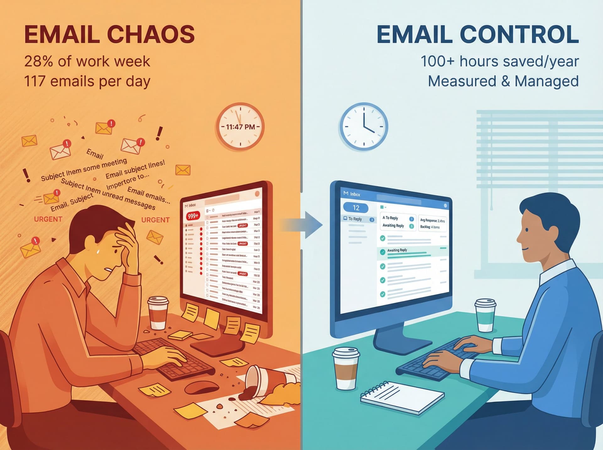 Before and after split illustration showing email chaos transforming into organized, metric-driven workflow