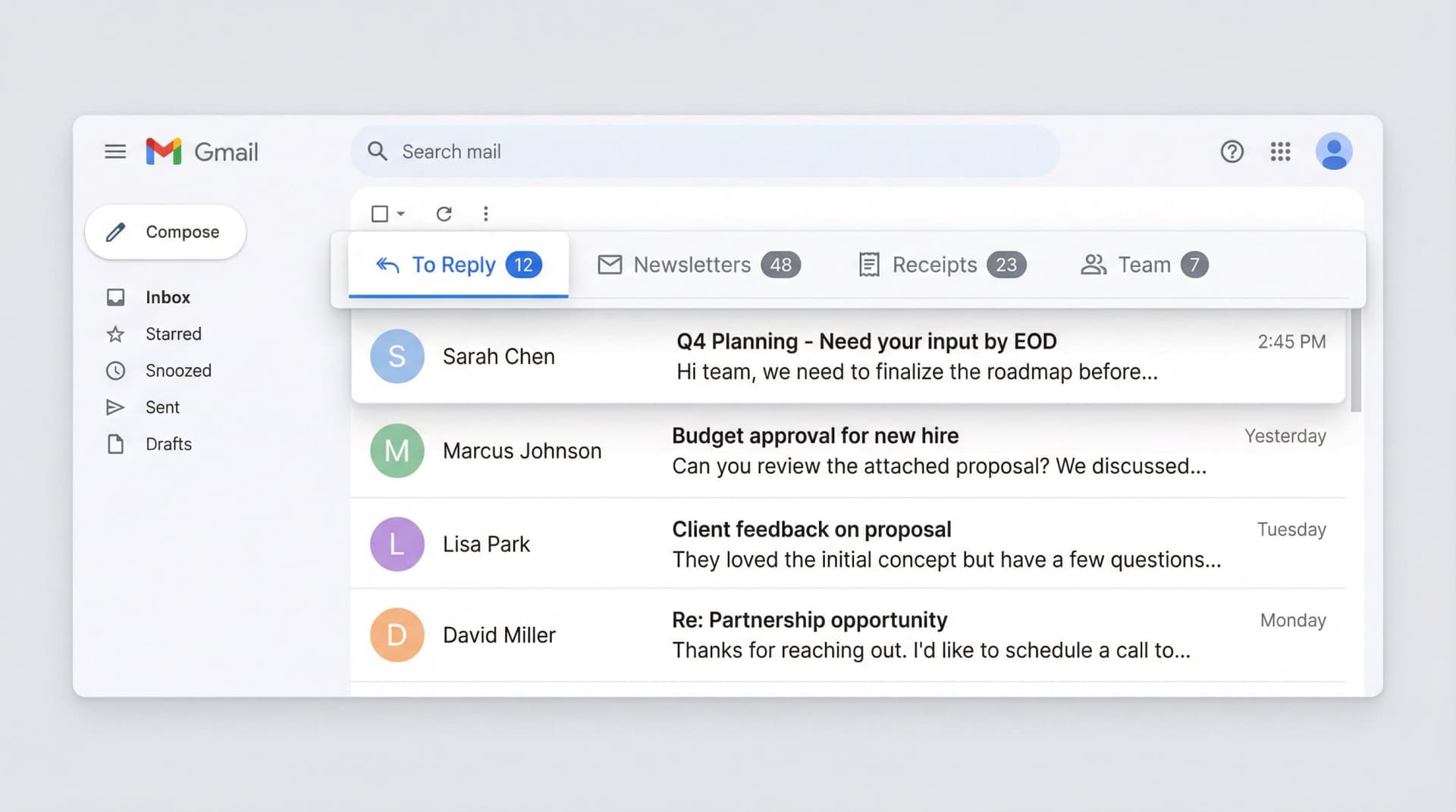 Gmail interface showing Inbox Zero custom tabs feature with To Reply, Newsletters, Receipts, and Team tabs for organized email management