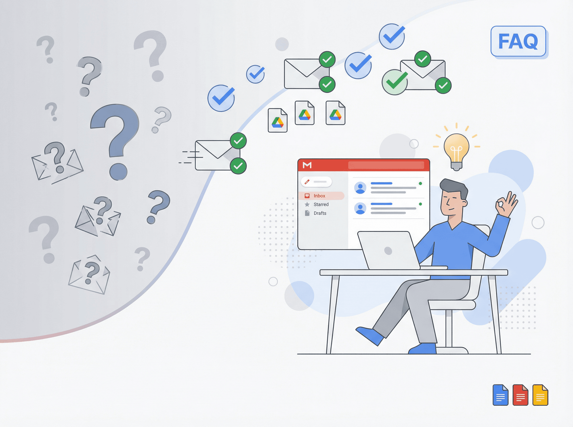 Clean editorial illustration showing email questions being answered with clarity and confidence