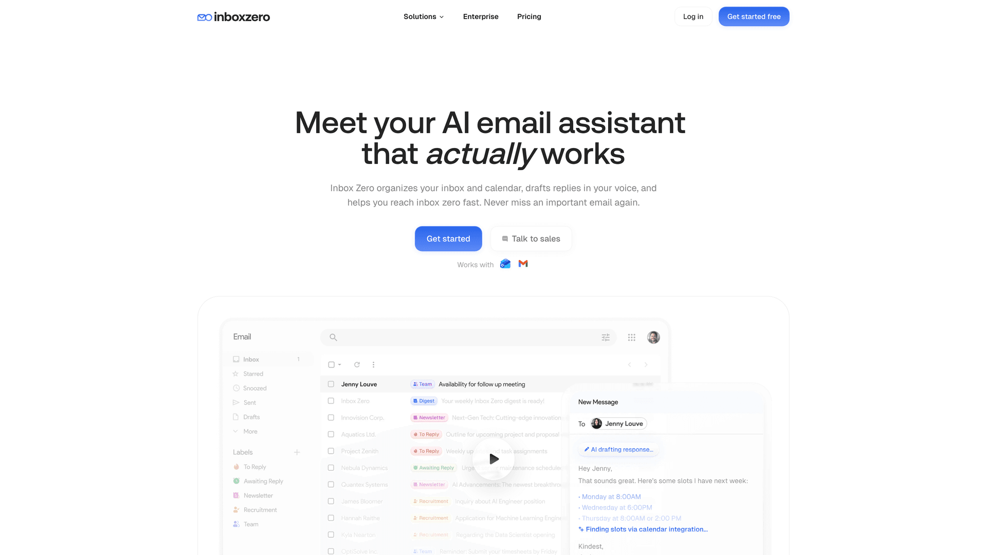 Inbox Zero homepage showing the AI email assistant product with headline and feature overview for automating executive inbox management