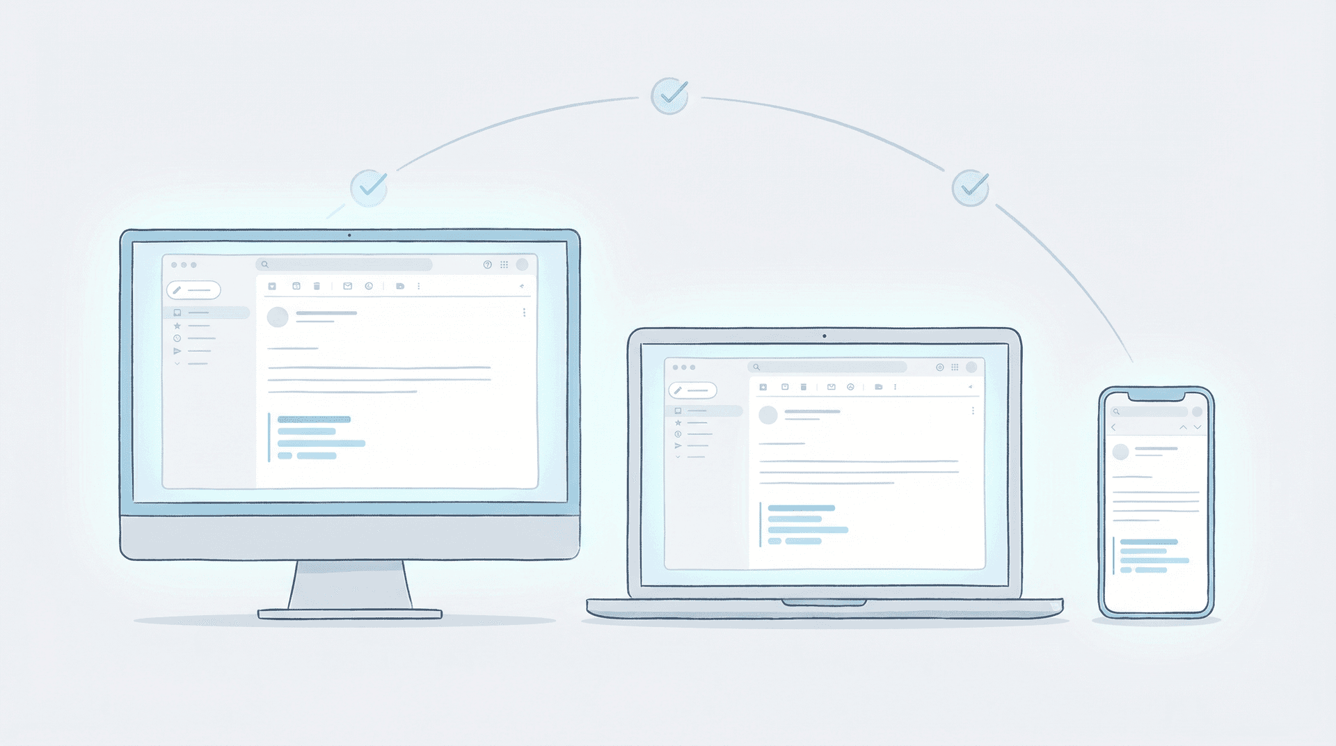 Three devices — desktop, browser window, and smartphone — each showing an Outlook email with a consistent professional signature at the bottom