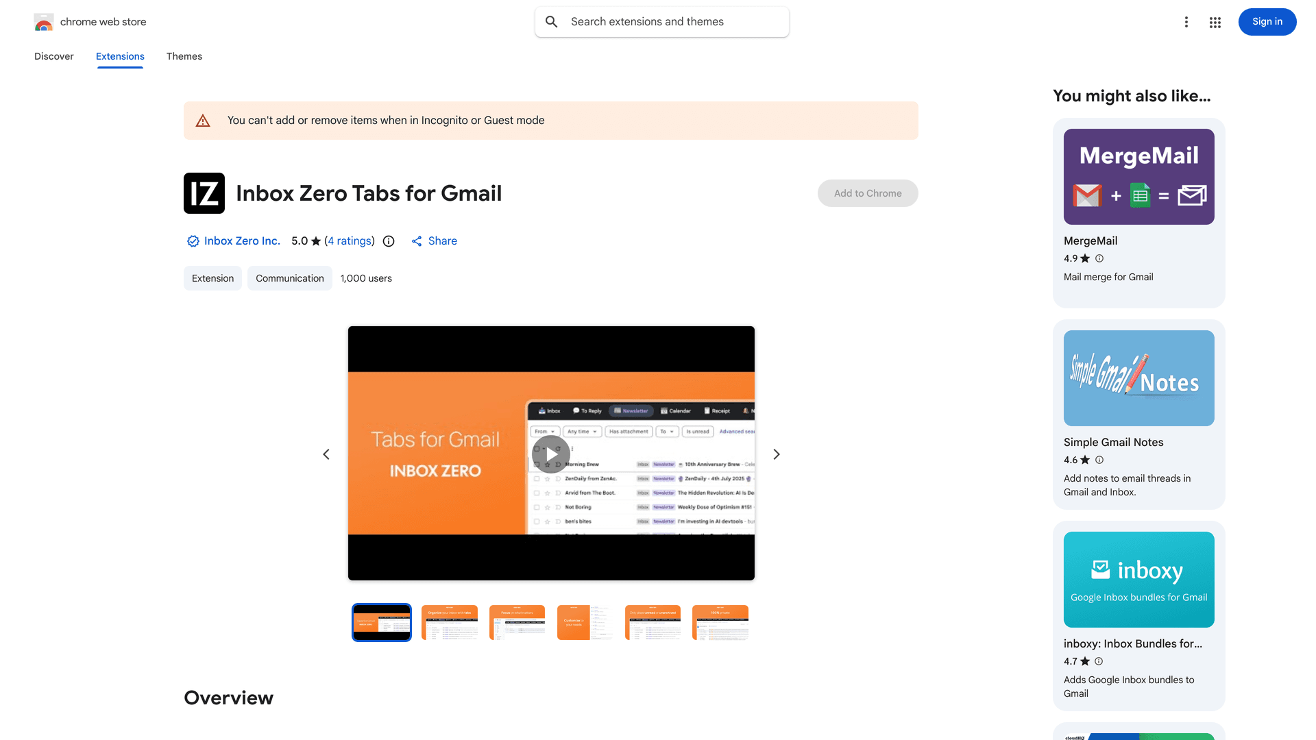 Inbox Zero Tabs for Gmail Chrome Web Store listing showing 5-star rating and 1,005 users with no data collection policy